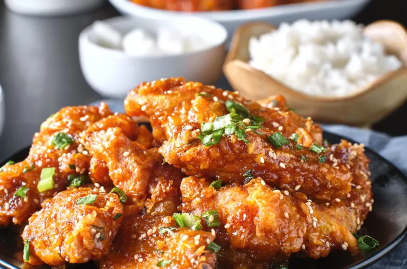 Gochujang Korean Chicken with Kimchi and Pickled Radish