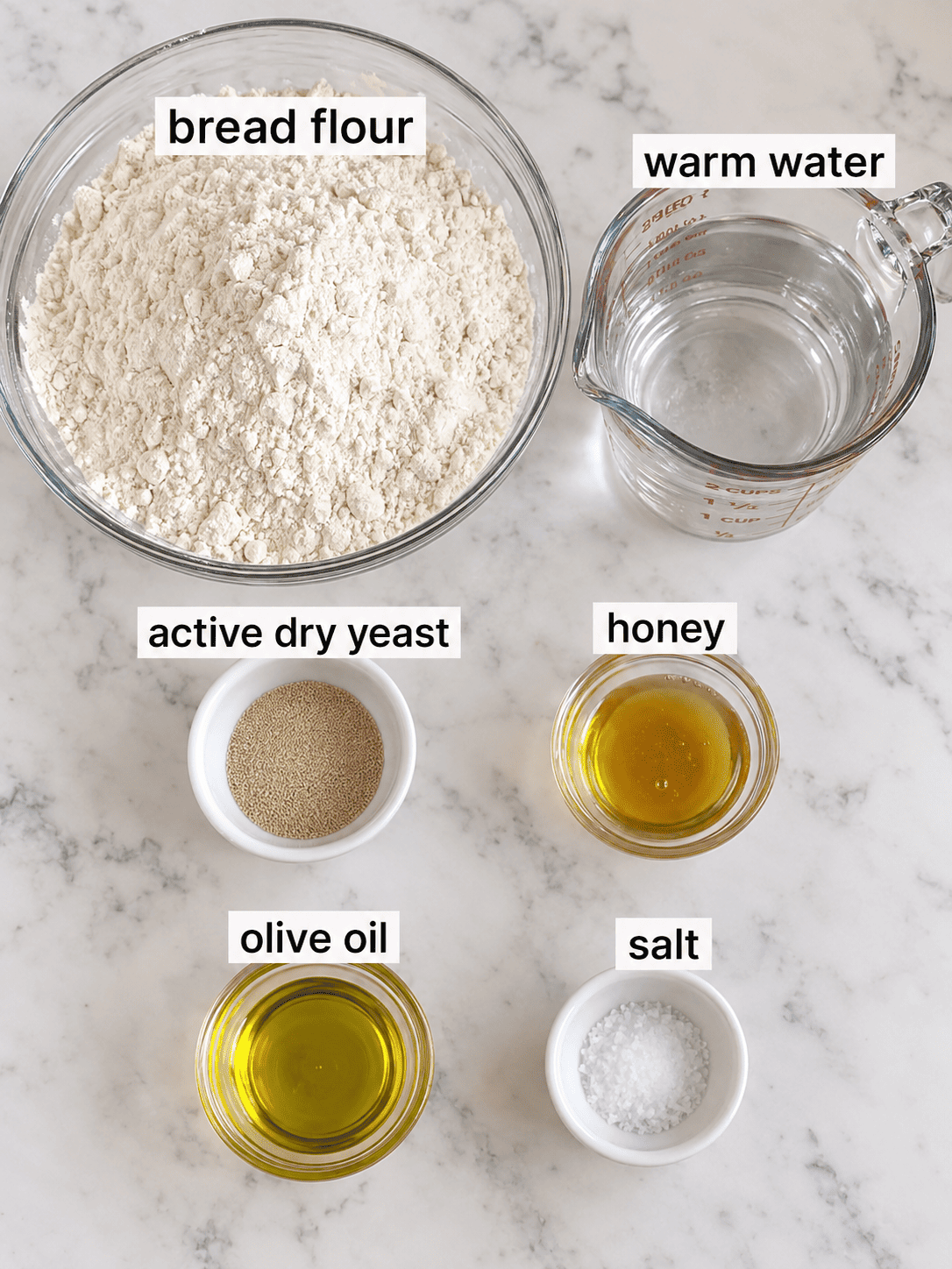 Crock Pot Bread ingredients including bread flour, warm water, active dry yeast, honey, olive oil, and salt