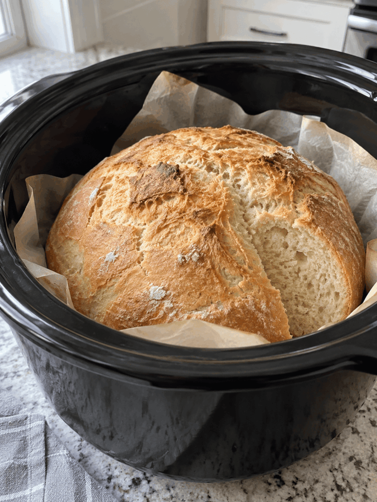 Crock Pot Bread with a golden rustic crust in a parchment-lined slow cooker