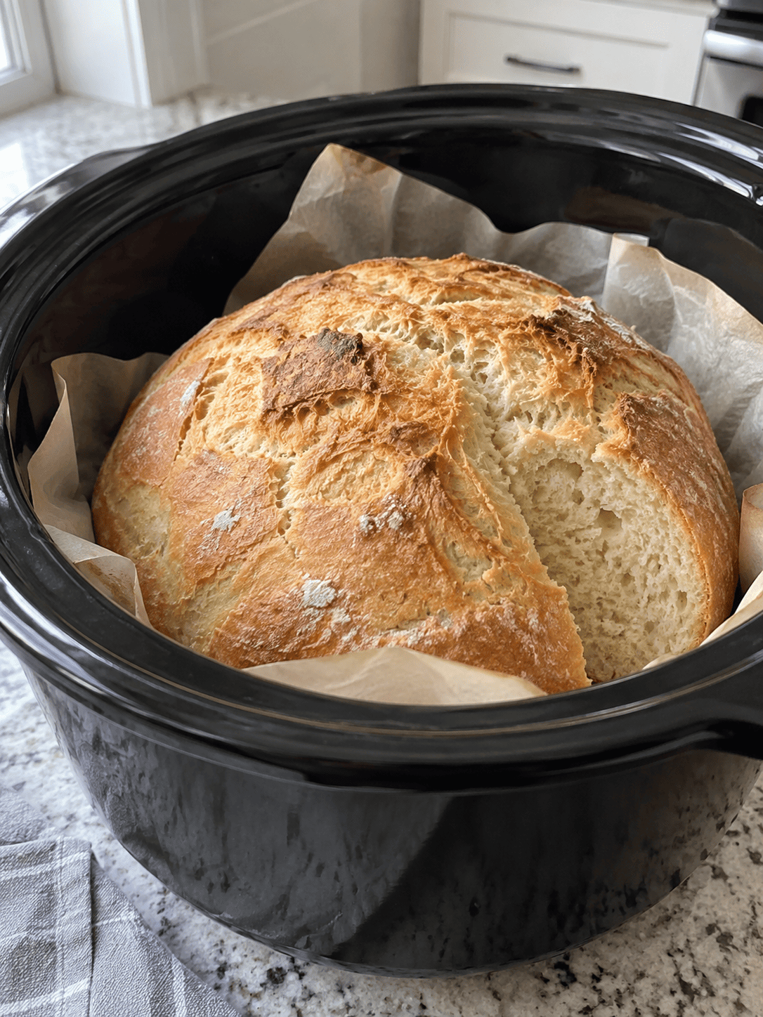 Crock Pot Bread with a golden rustic crust in a parchment-lined slow cooker
