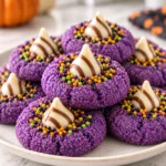 Halloween Witch Hat Cookies with soft purple cookie bases, striped chocolate kiss hats, and colorful sprinkles