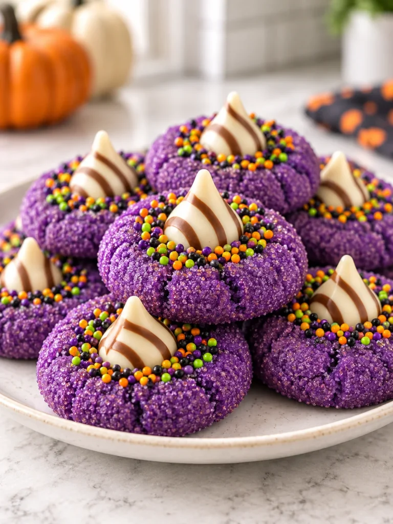 Halloween Witch Hat Cookies with soft purple cookie bases, striped chocolate kiss hats, and colorful sprinkles