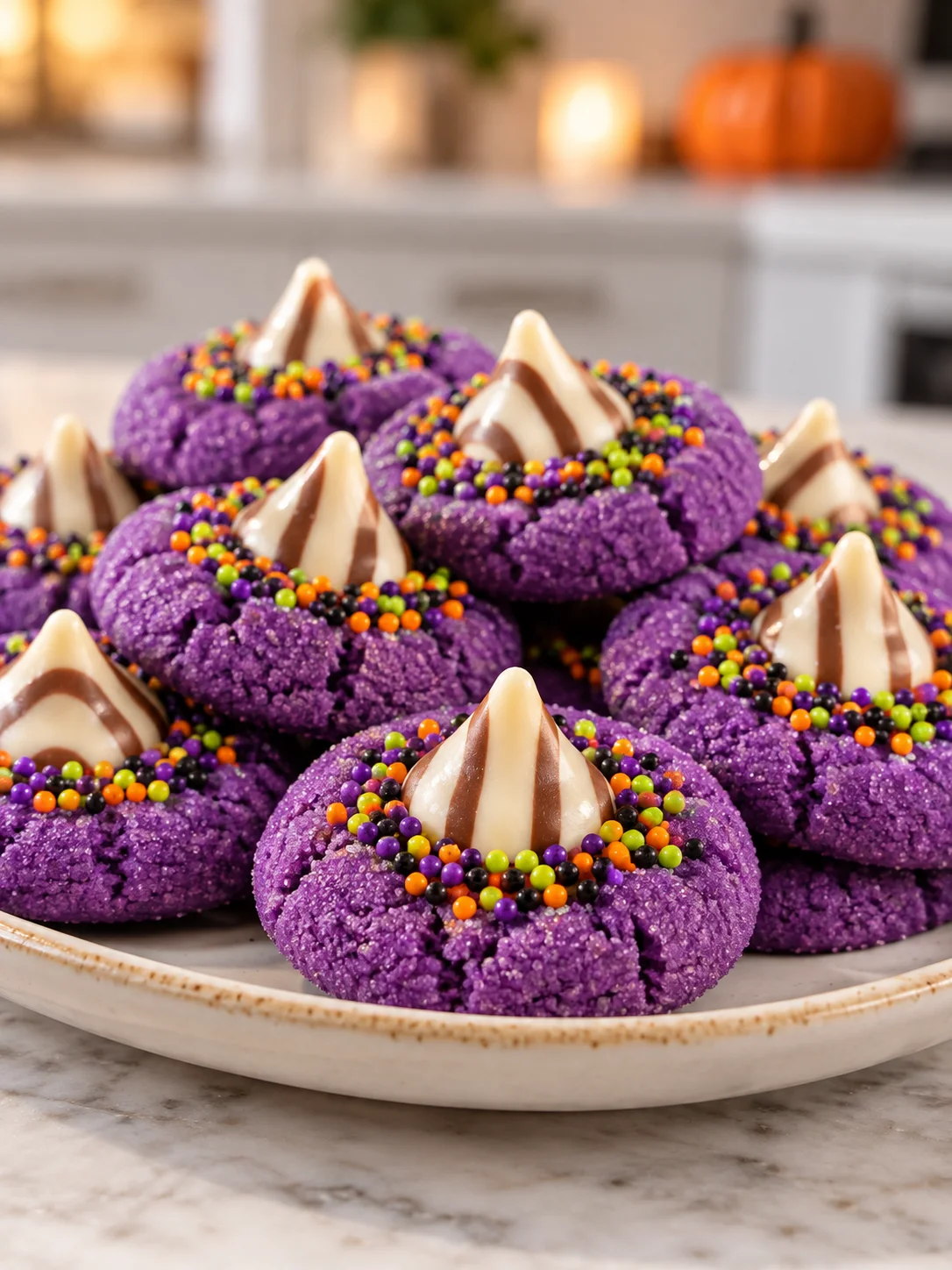 Side view of soft purple Halloween Witch Hat Cookies on a plate in a bright kitchen