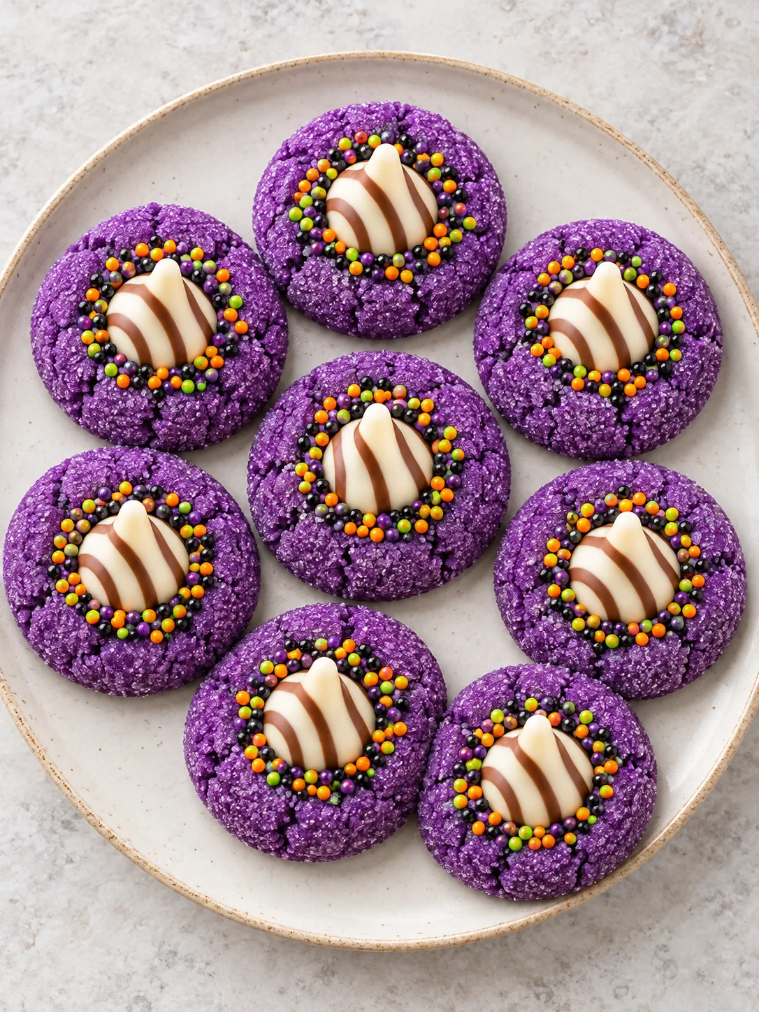 Overhead view of purple Halloween Witch Hat Cookies topped with striped chocolate kisses and colorful sprinkles
