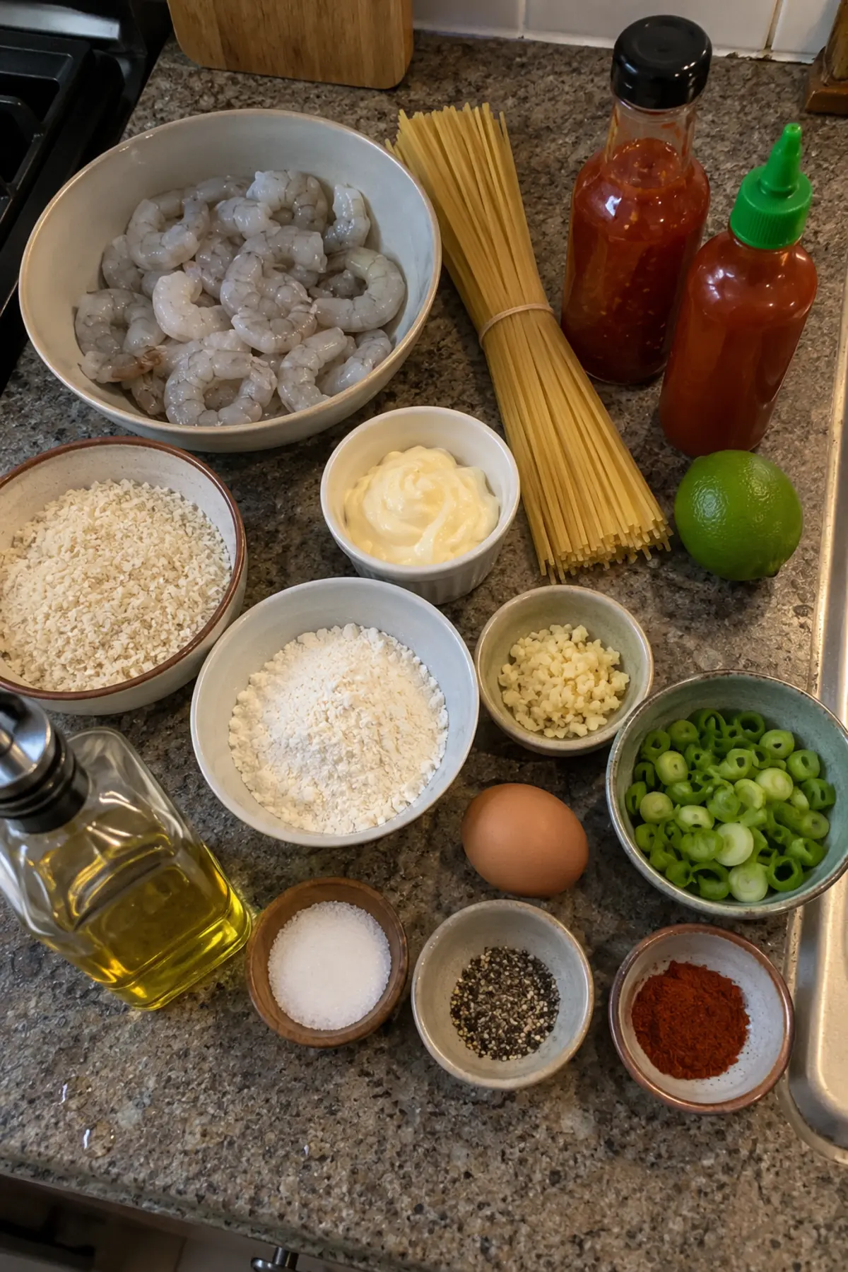 Bang Bang Shrimp Pasta ingredients including shrimp, linguine, mayonnaise, sweet chili sauce, sriracha, lime, garlic, scallions, panko, flour, egg, seasonings, and oil