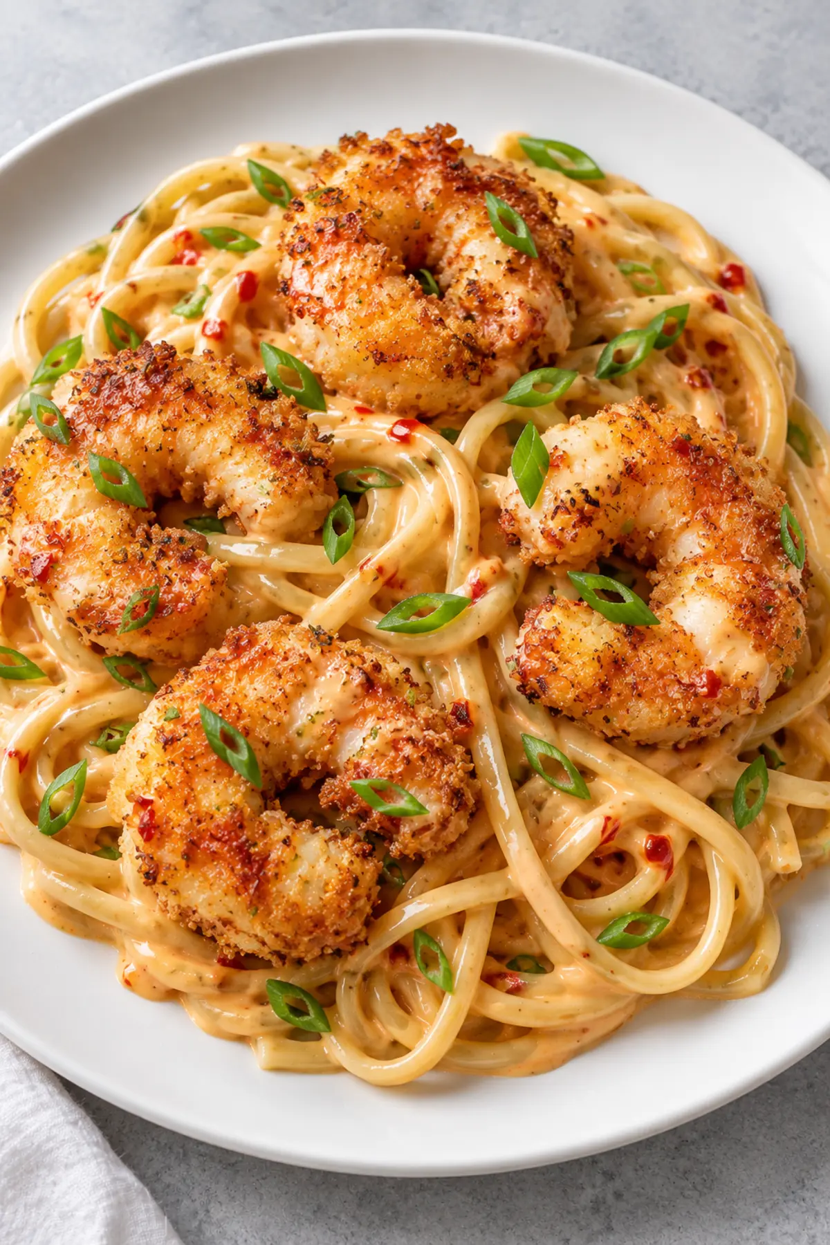 One serving of Bang Bang Shrimp Pasta on a white ceramic plate