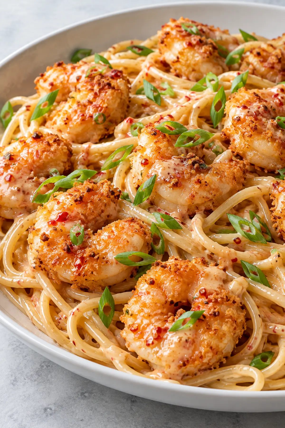 Bang Bang Shrimp Pasta with crispy golden shrimp and creamy sweet chili sauce