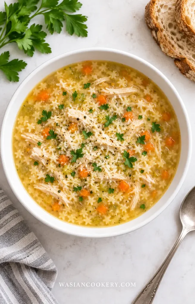 Overhead bowl of Italian Penicillin Soup with tiny star pasta, chicken, carrots, and Parmesan