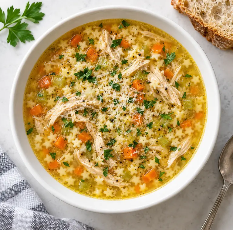Italian Penicillin Soup recipe with stelline pasta, shredded chicken, vegetables, parsley, and Parmesan
