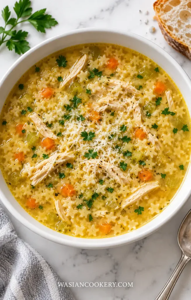 Italian Penicillin Soup with star-shaped pastina, shredded chicken, vegetables, and Parmesan