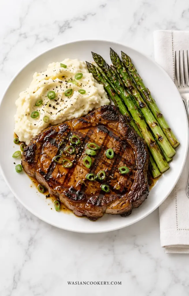 Overhead J Alexander’s Steak Maui copycat with pineapple-soy glazed ribeye and vegetables