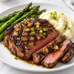 Close three-quarter view of J Alexander’s Steak Maui Recipe with sliced glazed ribeye and vegetables
