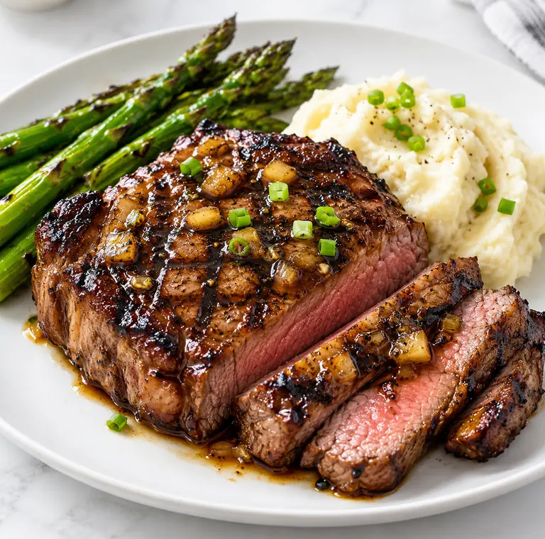 Close three-quarter view of J Alexander’s Steak Maui Recipe with sliced glazed ribeye and vegetables