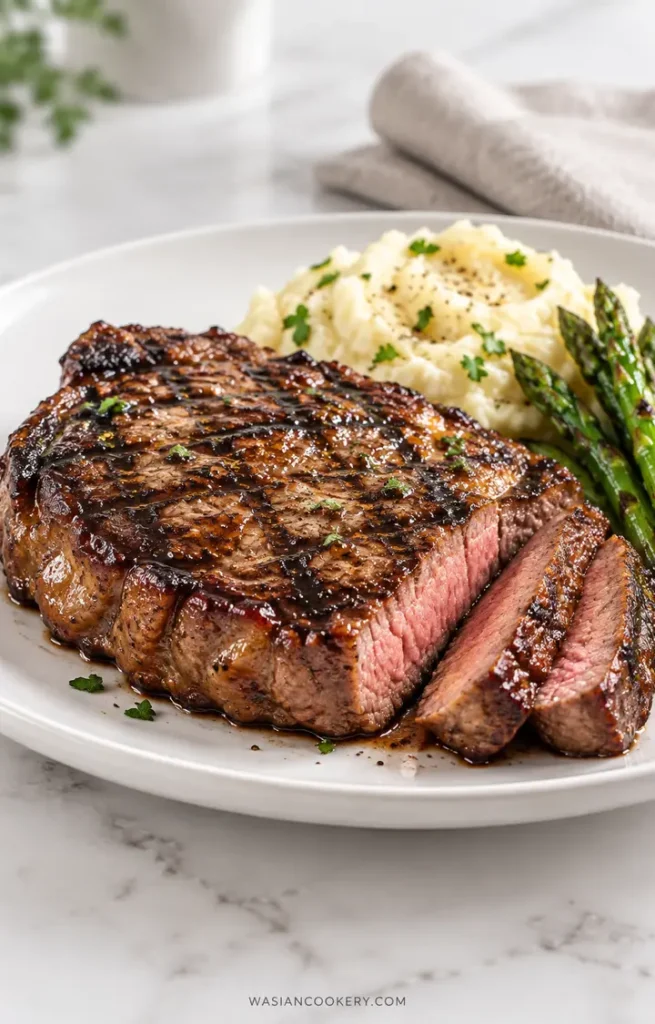 Side-angle J Alexander’s Steak Maui Recipe with glazed ribeye, mashed potatoes, and grilled asparagus