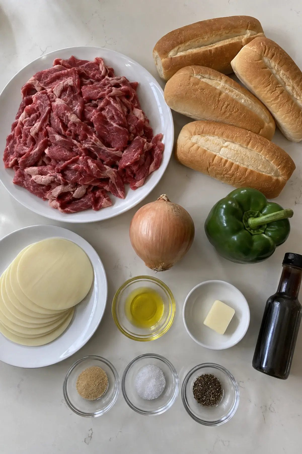 Philly Cheesesteak Recipe ingredients including thinly sliced beef, hoagie rolls, onion, green bell pepper, provolone, olive oil, butter, Worcestershire sauce, garlic powder, salt, and pepper