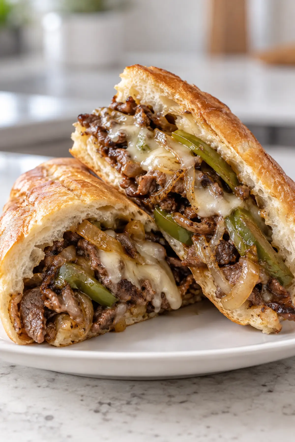 One serving of Philly Cheesesteak cut in half on a white ceramic plate