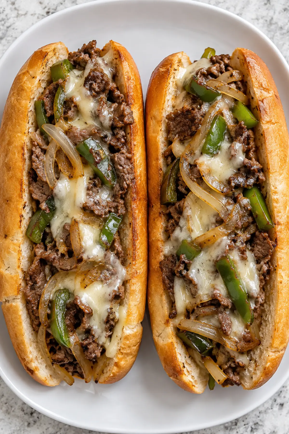 Overhead view of two Philly cheesesteak sandwiches with beef, onions, green peppers, and melted provolone