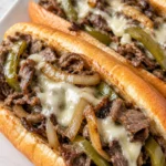 Philly Cheesesteak Recipe with juicy beef, caramelized onions, green peppers, melted provolone, and toasted hoagie rolls