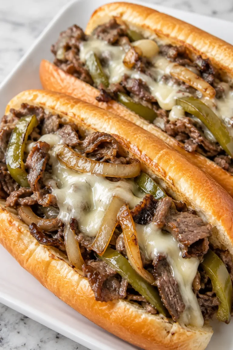 Philly Cheesesteak Recipe with juicy beef, caramelized onions, green peppers, melted provolone, and toasted hoagie rolls