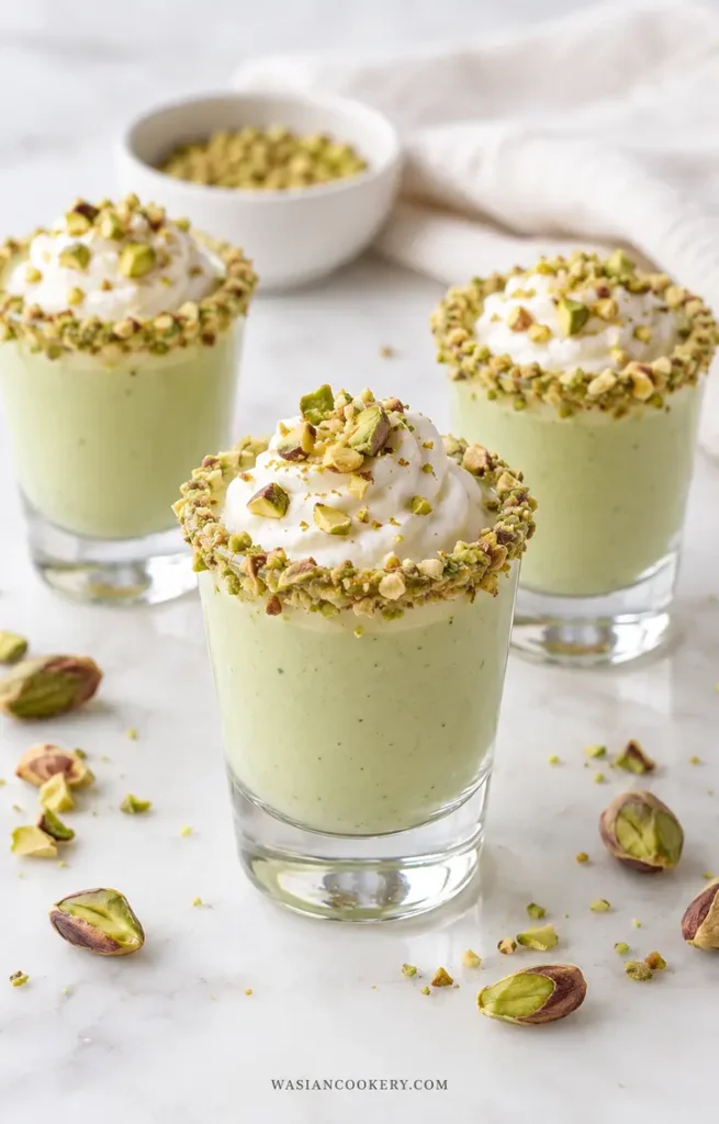 Easy Pistachio Shot Recipe with a pale green creamy texture and crushed pistachio garnish