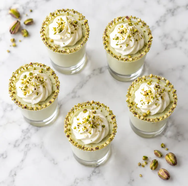 Overhead Pistachio Shot Recipe with five creamy non-alcoholic dessert shots and pistachio rims