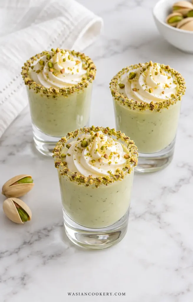 Creamy non-alcoholic Pistachio Shot Recipe in small glasses with whipped cream and crushed pistachios