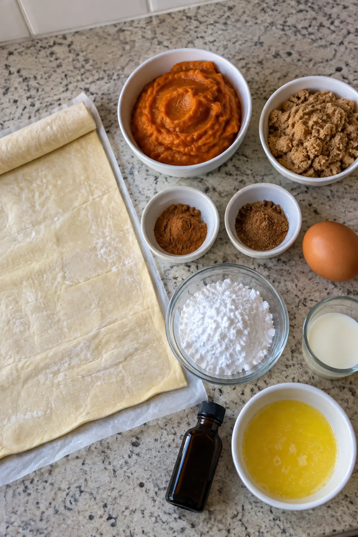 Pumpkin Pie Twists Recipe ingredients including puff pastry, pumpkin puree, brown sugar, cinnamon, pumpkin pie spice, egg, powdered sugar, milk, vanilla, and butter