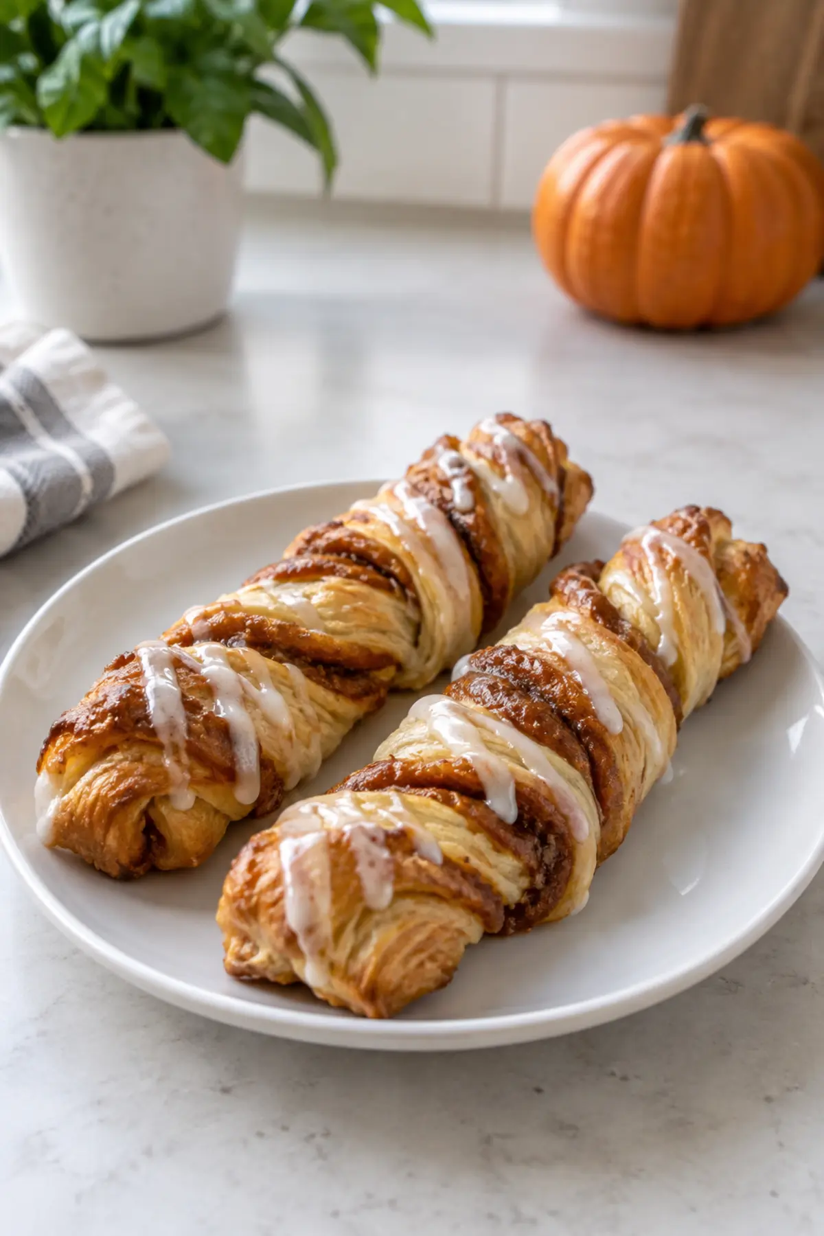 Two pumpkin pie twists served on a white ceramic plate