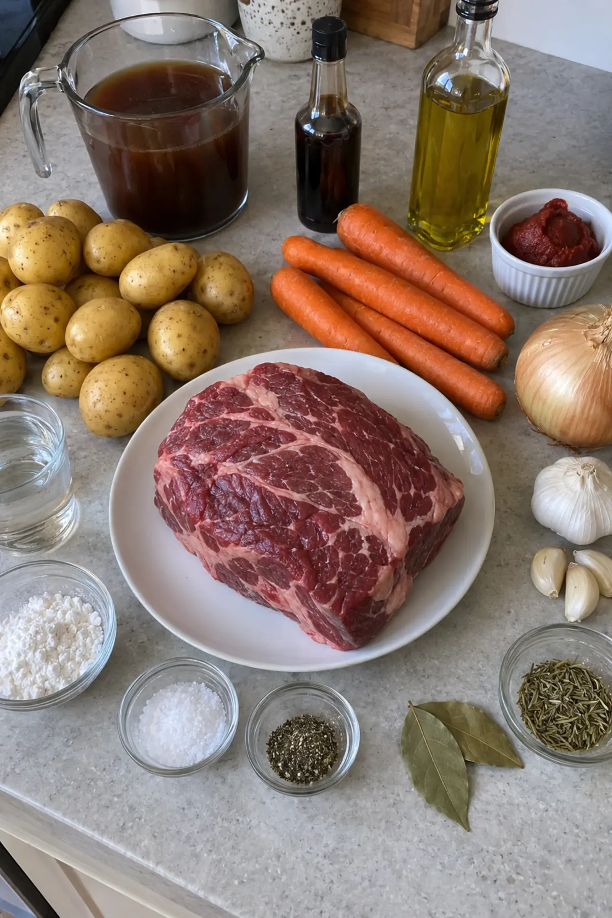 Slow Cooker Classic Pot Roast ingredients including chuck roast, potatoes, carrots, onion, garlic, beef broth, tomato paste, Worcestershire sauce, olive oil, rosemary, bay leaves, seasonings, cornstarch, and water