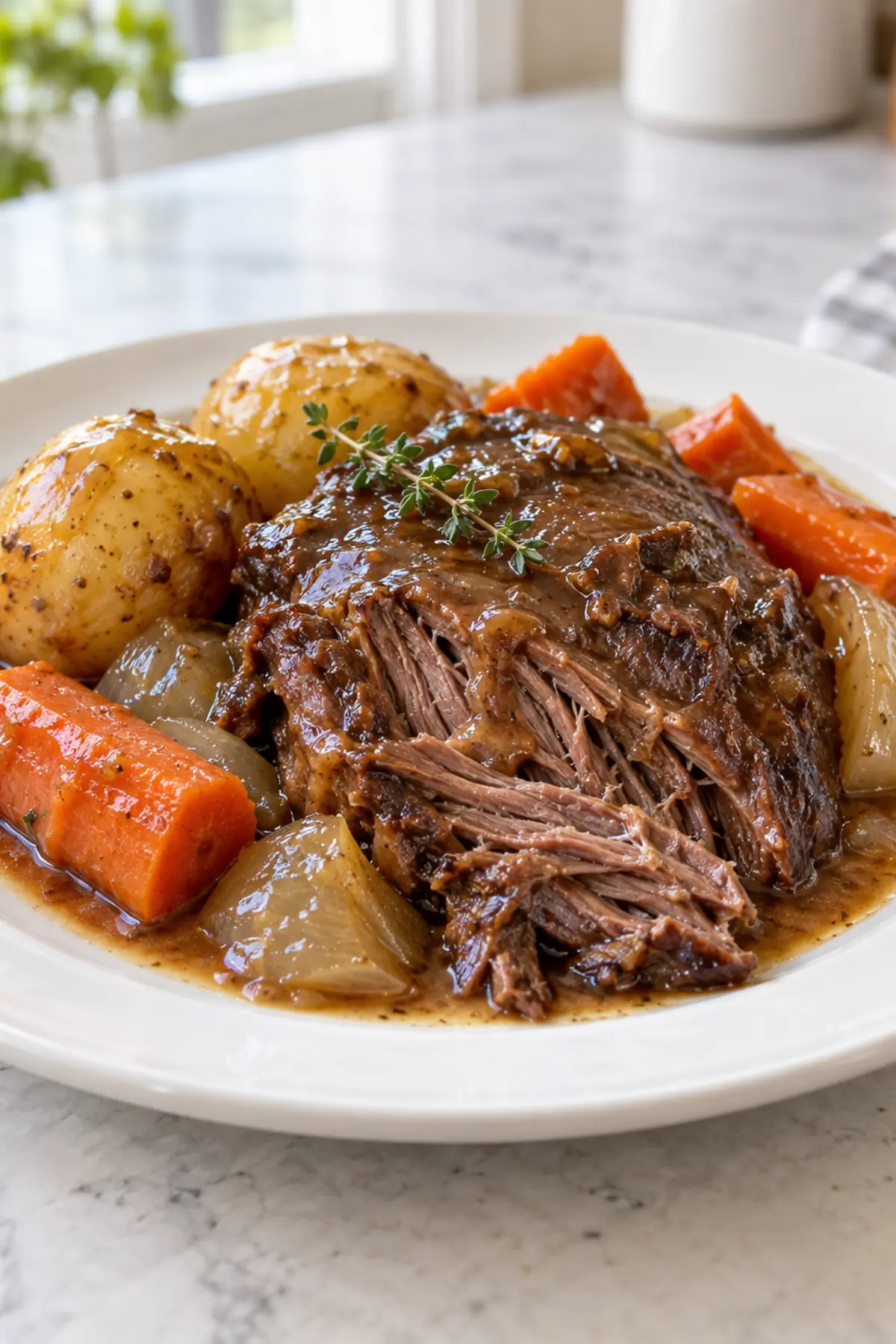 One serving of Slow Cooker Classic Pot Roast with potatoes, carrots, onions, and gravy on a white ceramic plate