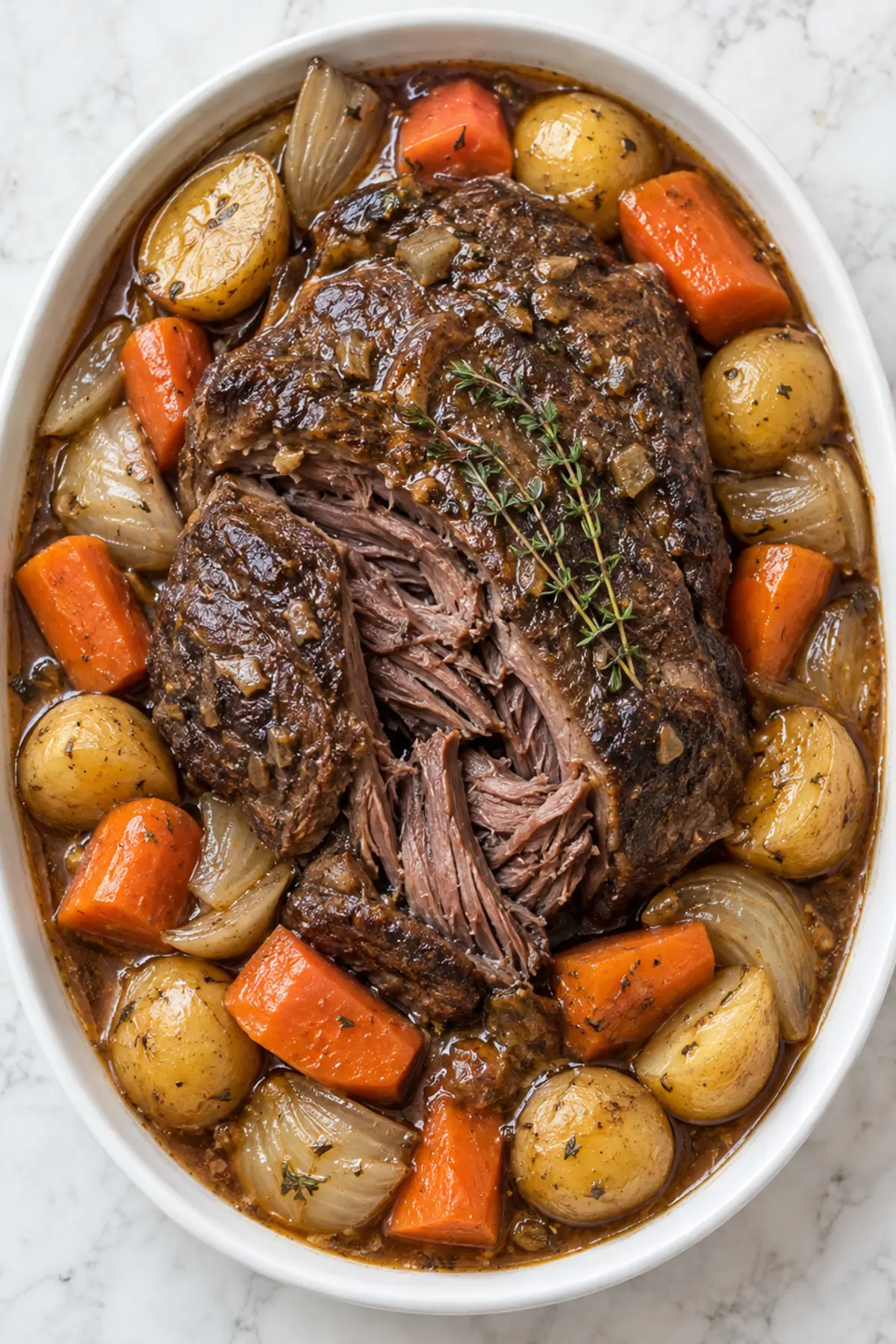 Overhead view of Slow Cooker Classic Pot Roast with potatoes, carrots, onions, and gravy