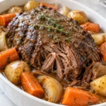Slow Cooker Classic Pot Roast with tender beef, potatoes, carrots, onions, and rich brown gravy