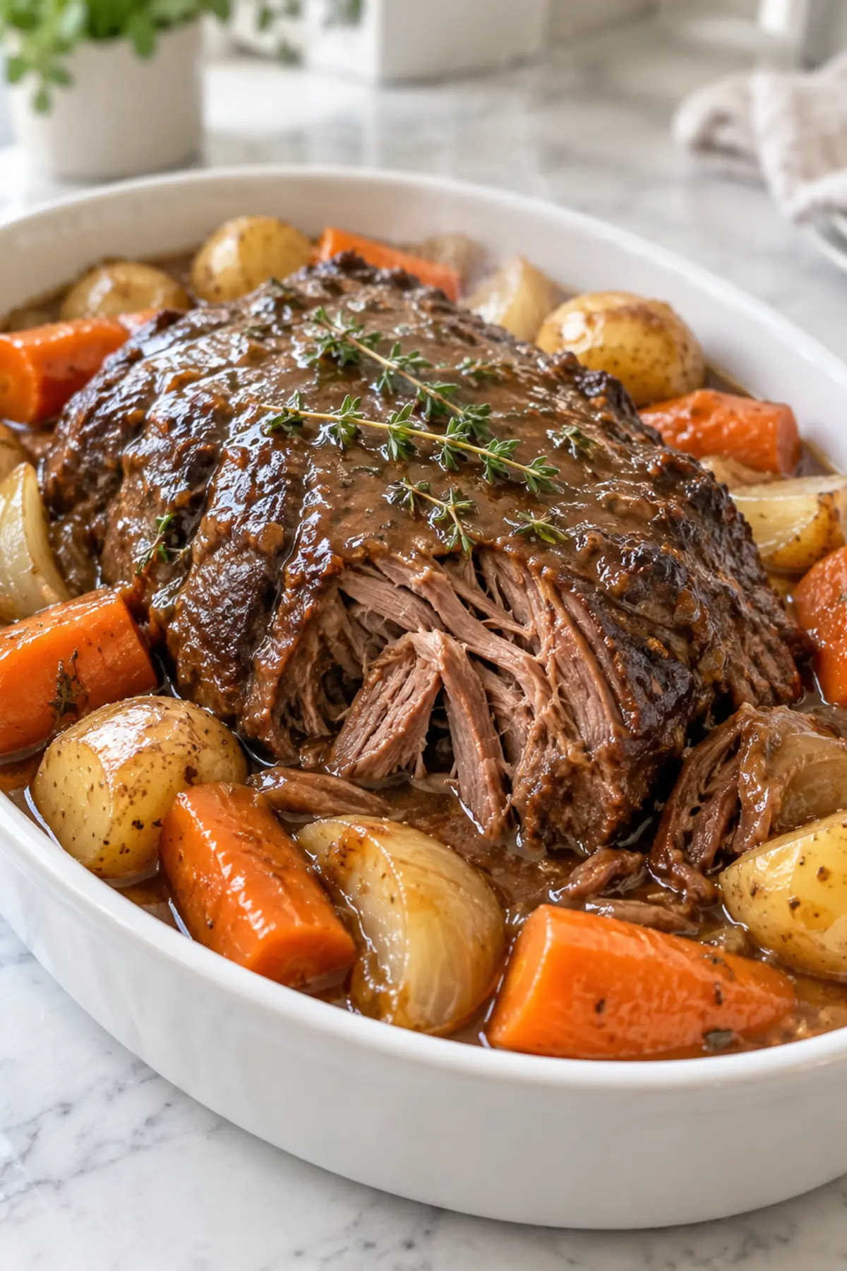Slow Cooker Classic Pot Roast with tender beef, potatoes, carrots, onions, and rich brown gravy