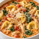 Crockpot Chicken Tortellini Recipe with creamy tomato broth, tender chicken, spinach, and cheese tortellini