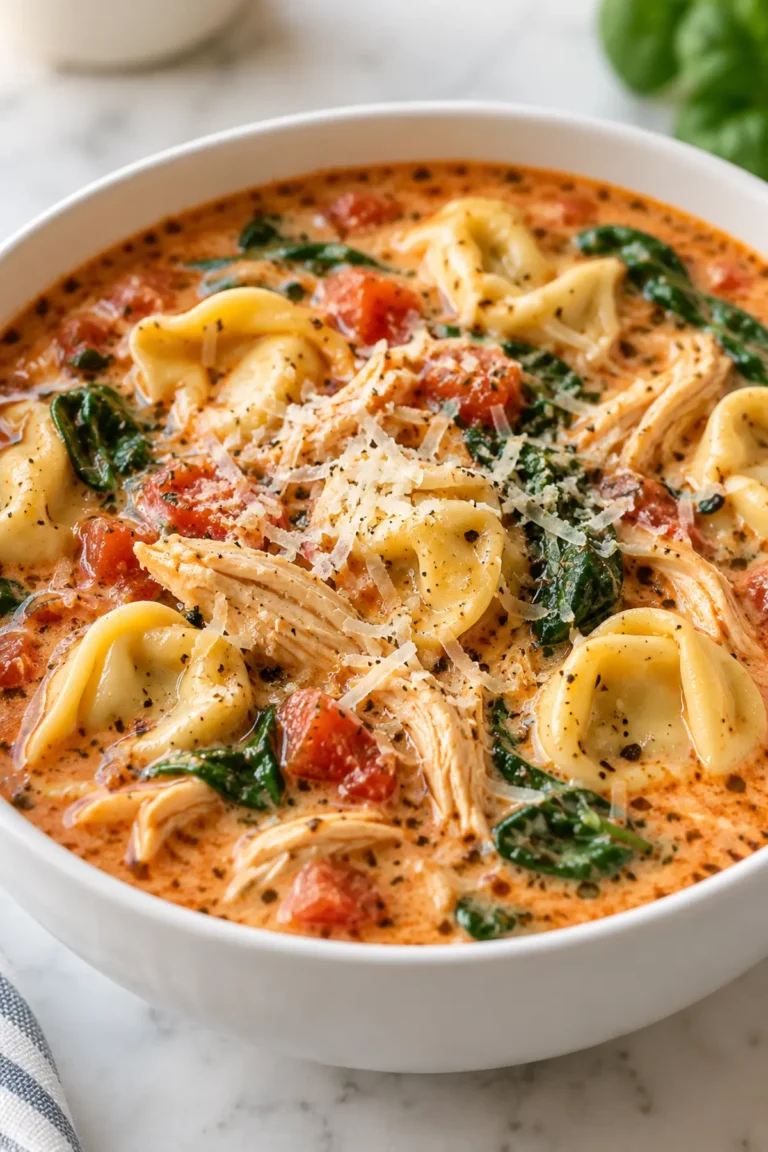 Crockpot Chicken Tortellini Recipe with creamy tomato broth, tender chicken, spinach, and cheese tortellini