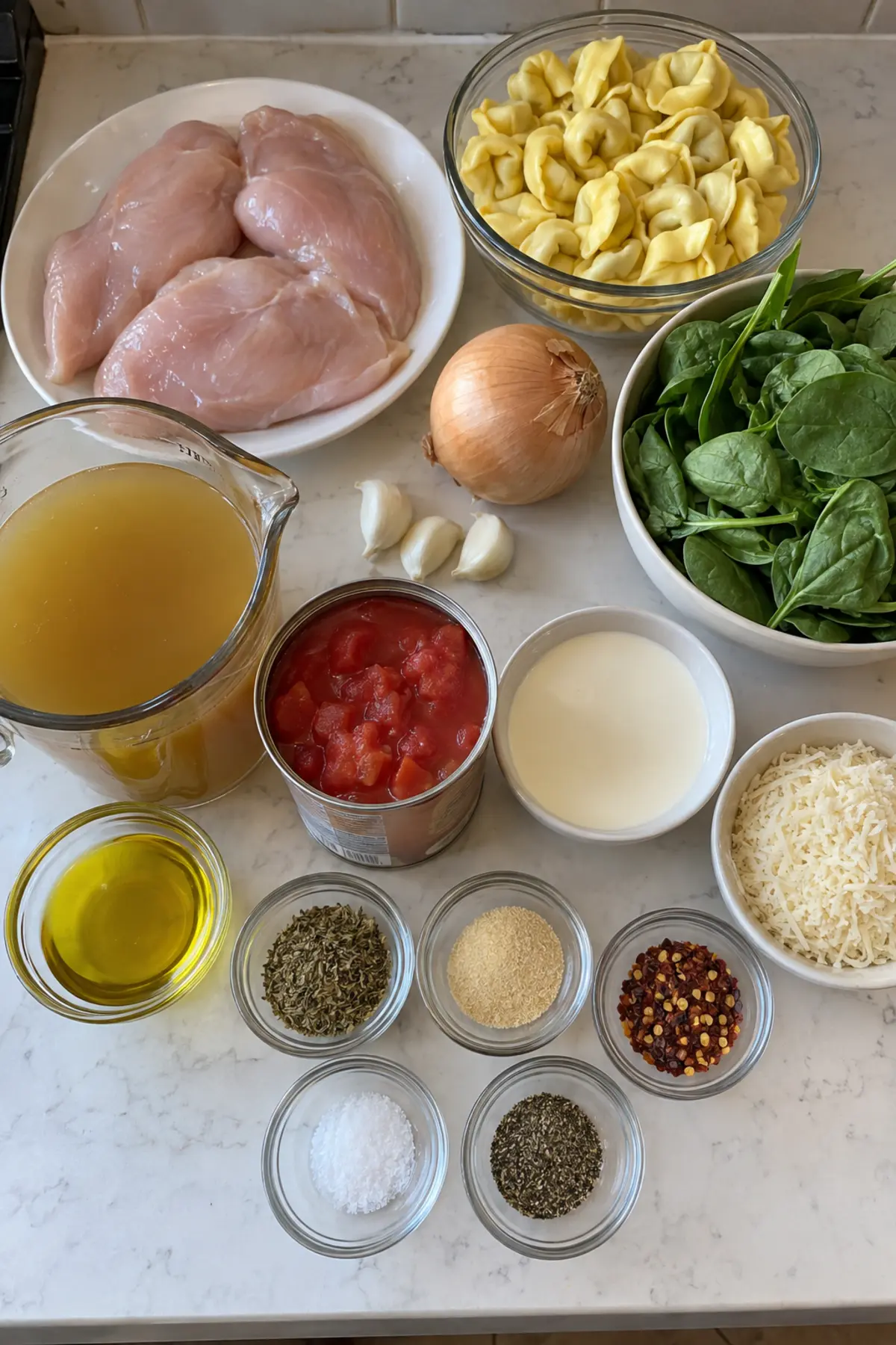 Ingredients for Crockpot Chicken Tortellini Recipe arranged on a home kitchen counter