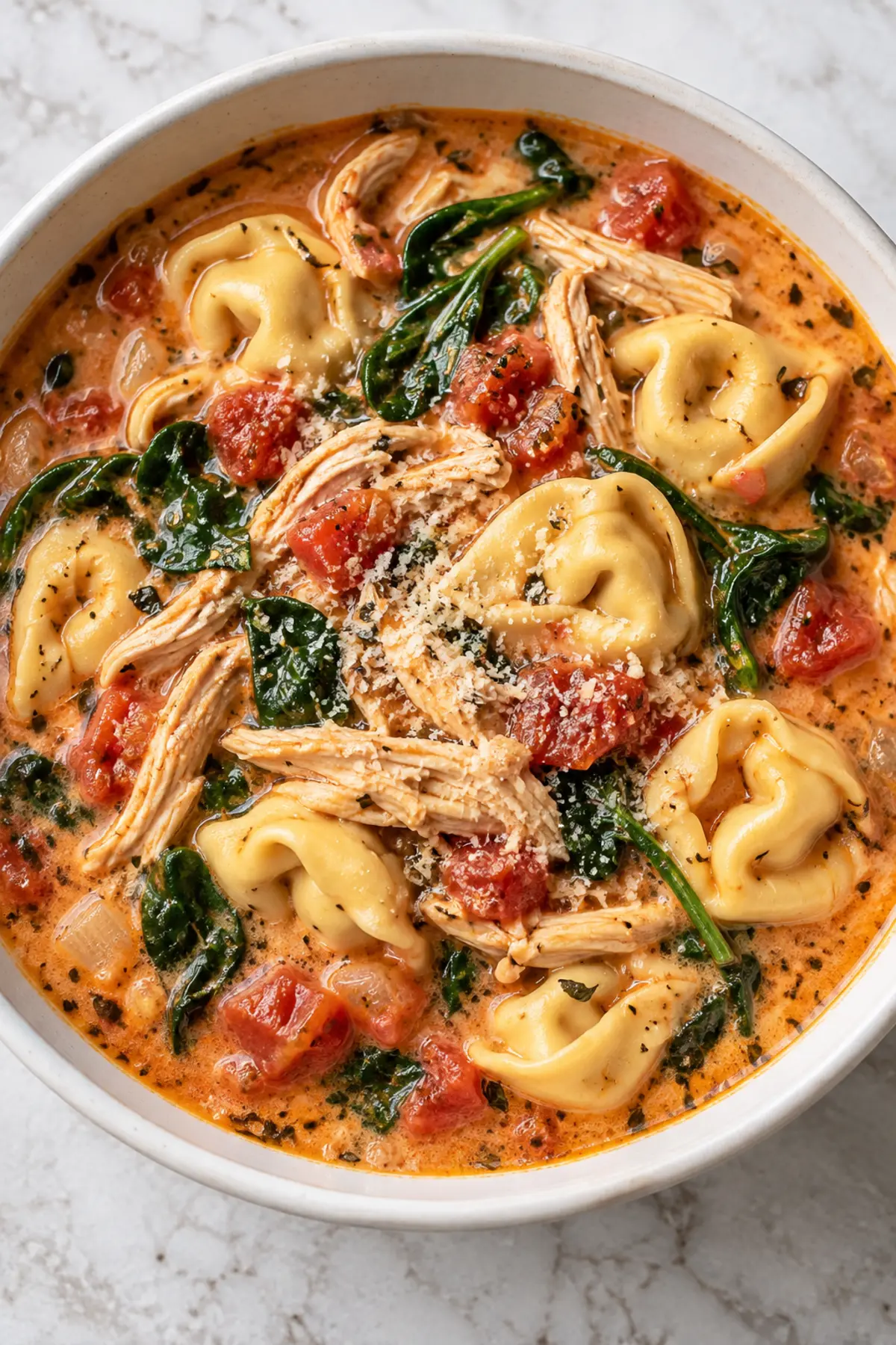 Overhead view of creamy Crockpot Chicken Tortellini soup