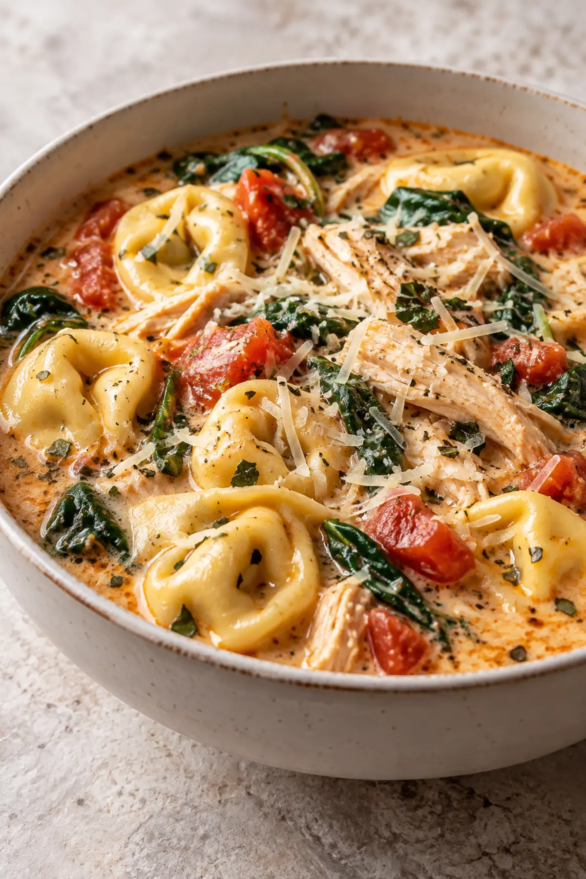 One serving of Crockpot Chicken Tortellini Recipe in a cream ceramic bowl